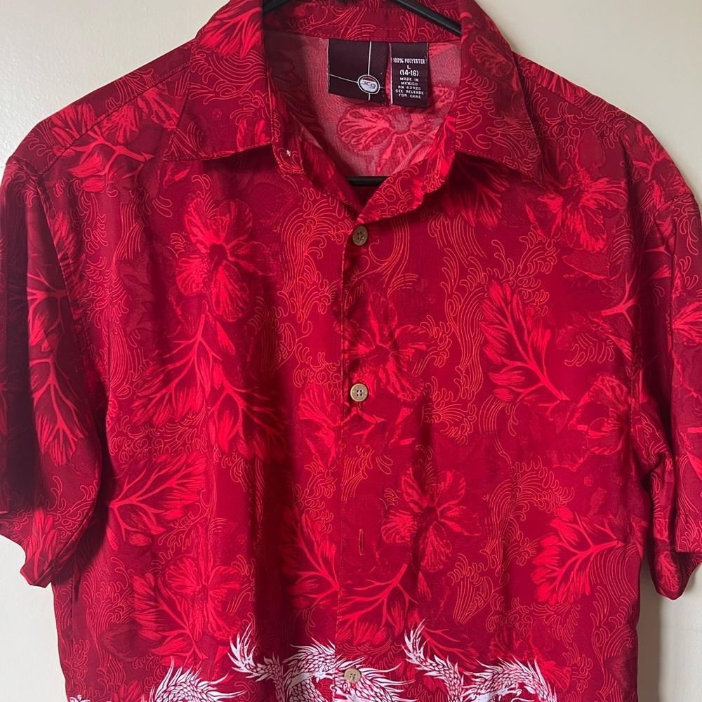 Boys Red and White Dragon Button Down Shirt size L (14-16)
